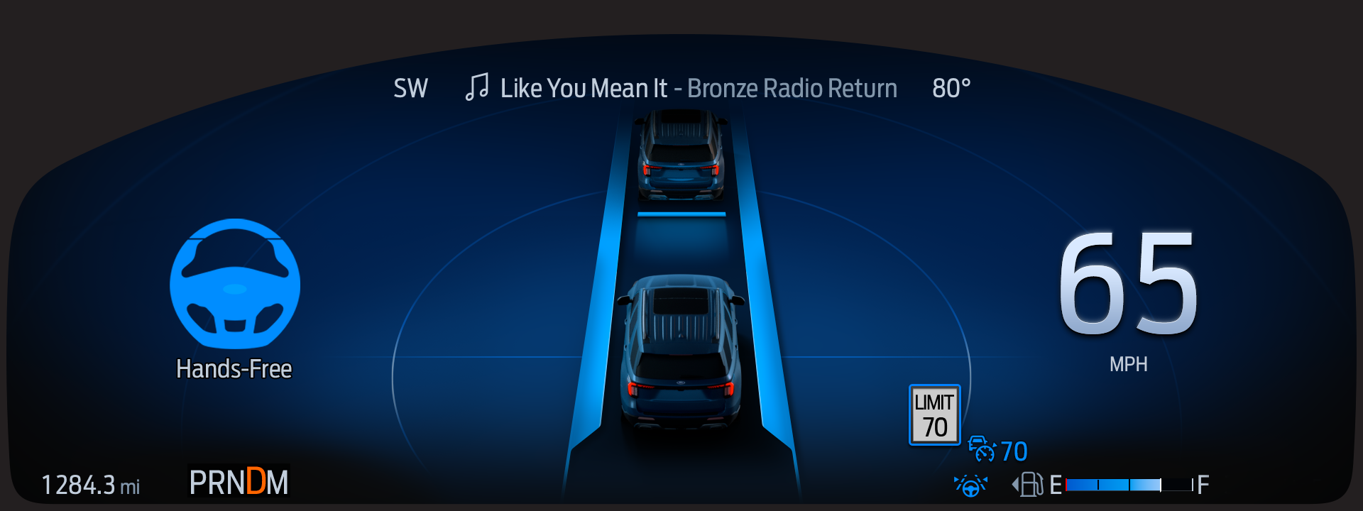2025 Explorer display screen of BlueCruise hands-free highway driving engaged.