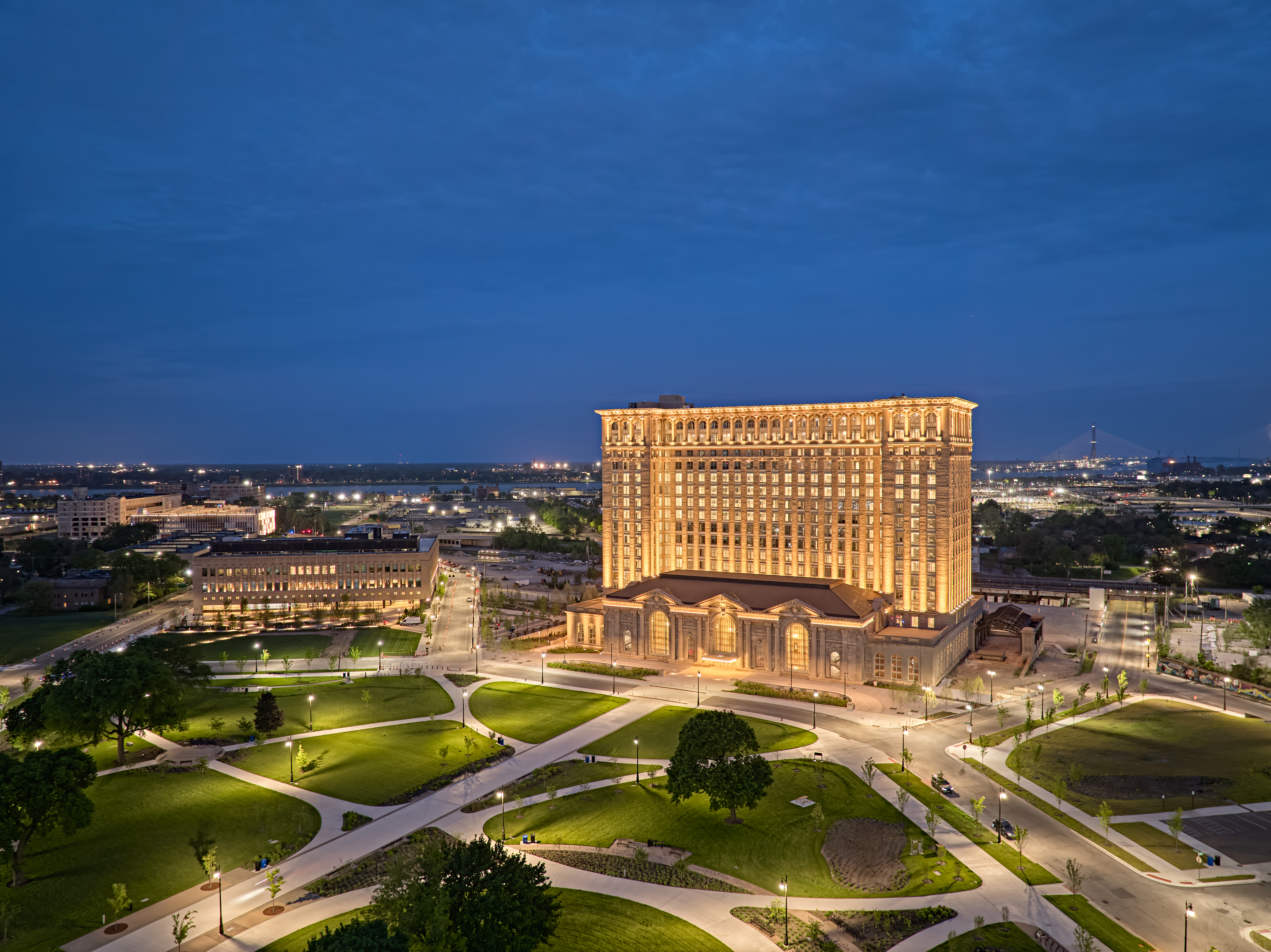 A zoomed-out view of Michigan Central Station shown.