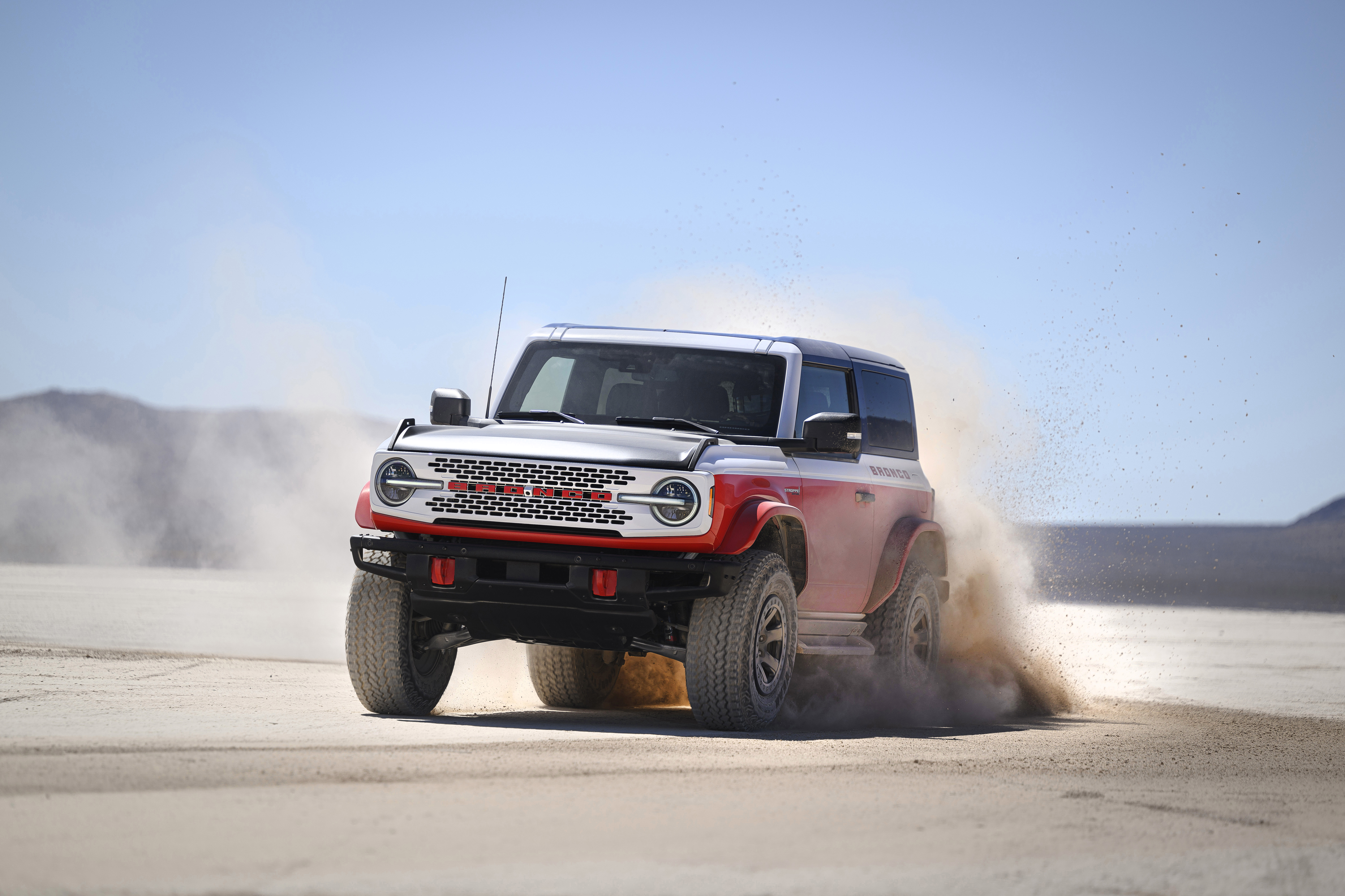2025 Bronco Stroppe Special Edition preproduction model shown. Available January 2025. Actual production vehicle may vary. Professional driver. Do not attempt unless you have special off-road driving training and are driving on a closed course. Always consult the owner's manual before off-road driving, know you terrain and trail difficulty, and use appropriate safety gear. Ford is committed to the preservation of the environment and treading lightly.