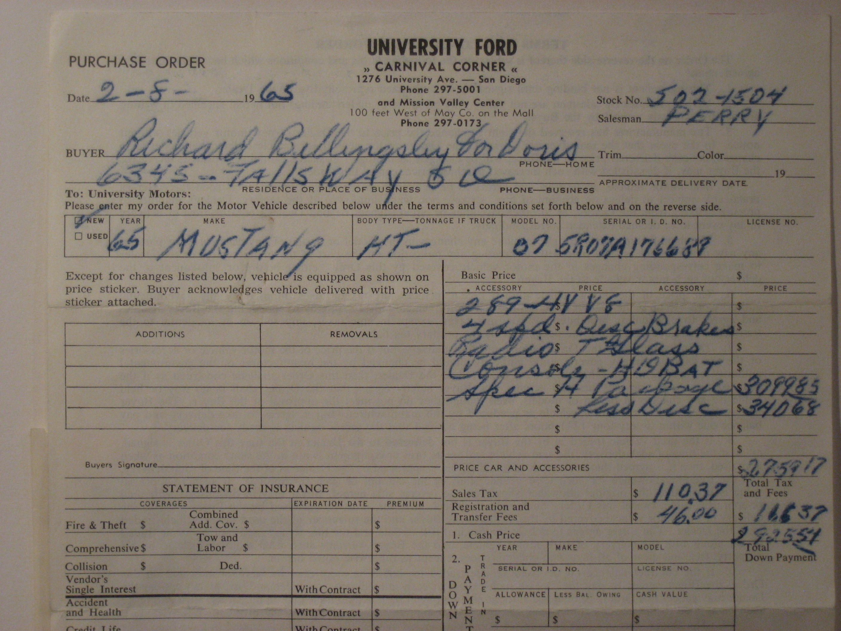 A purchase order for a Ford Mustang from the mid 1960s.