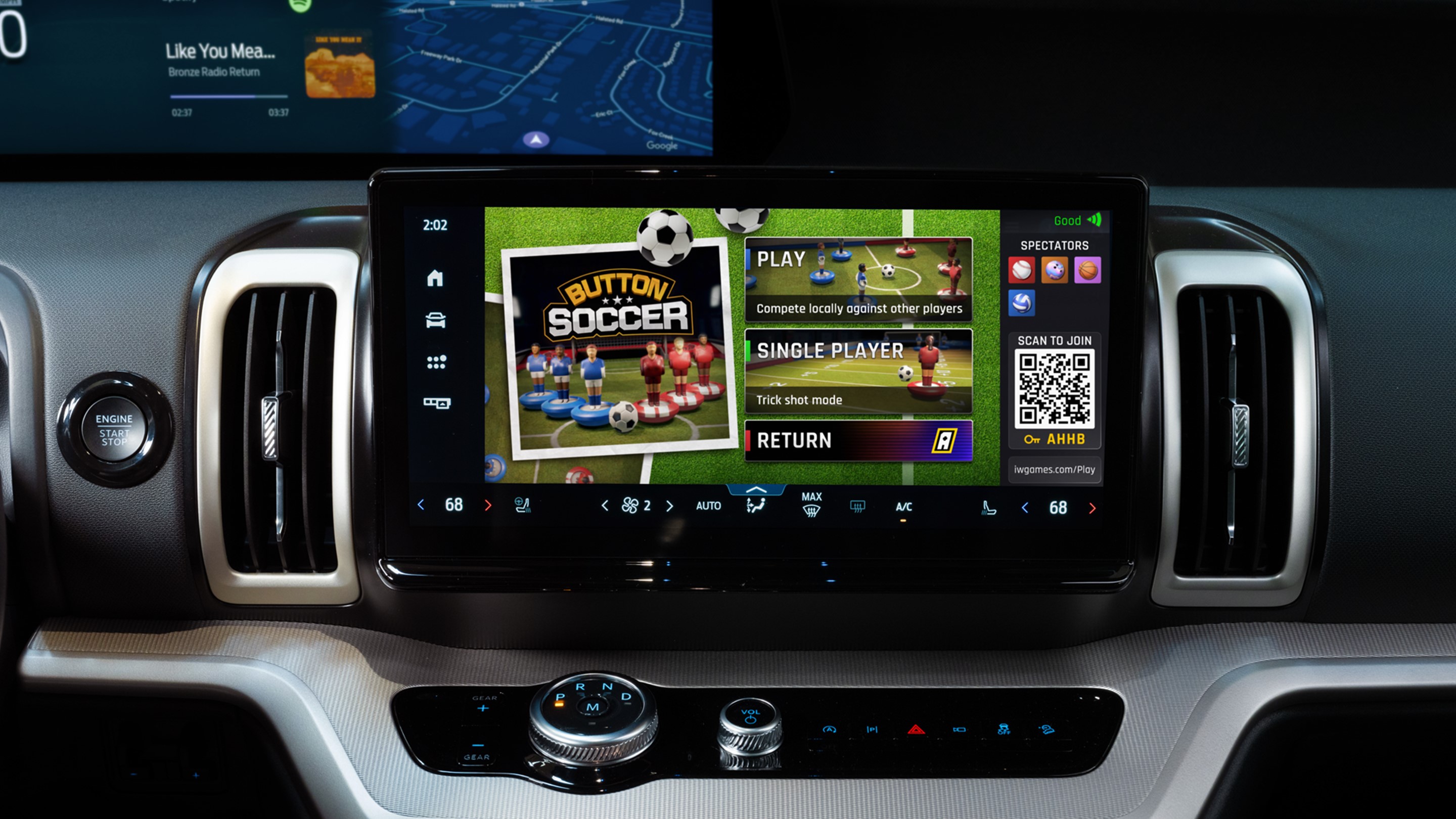 A button soccer game screen of Arcade Sports Collection on Ford and Lincoln Digital Experience is pictured on the screen in a vehicle.
