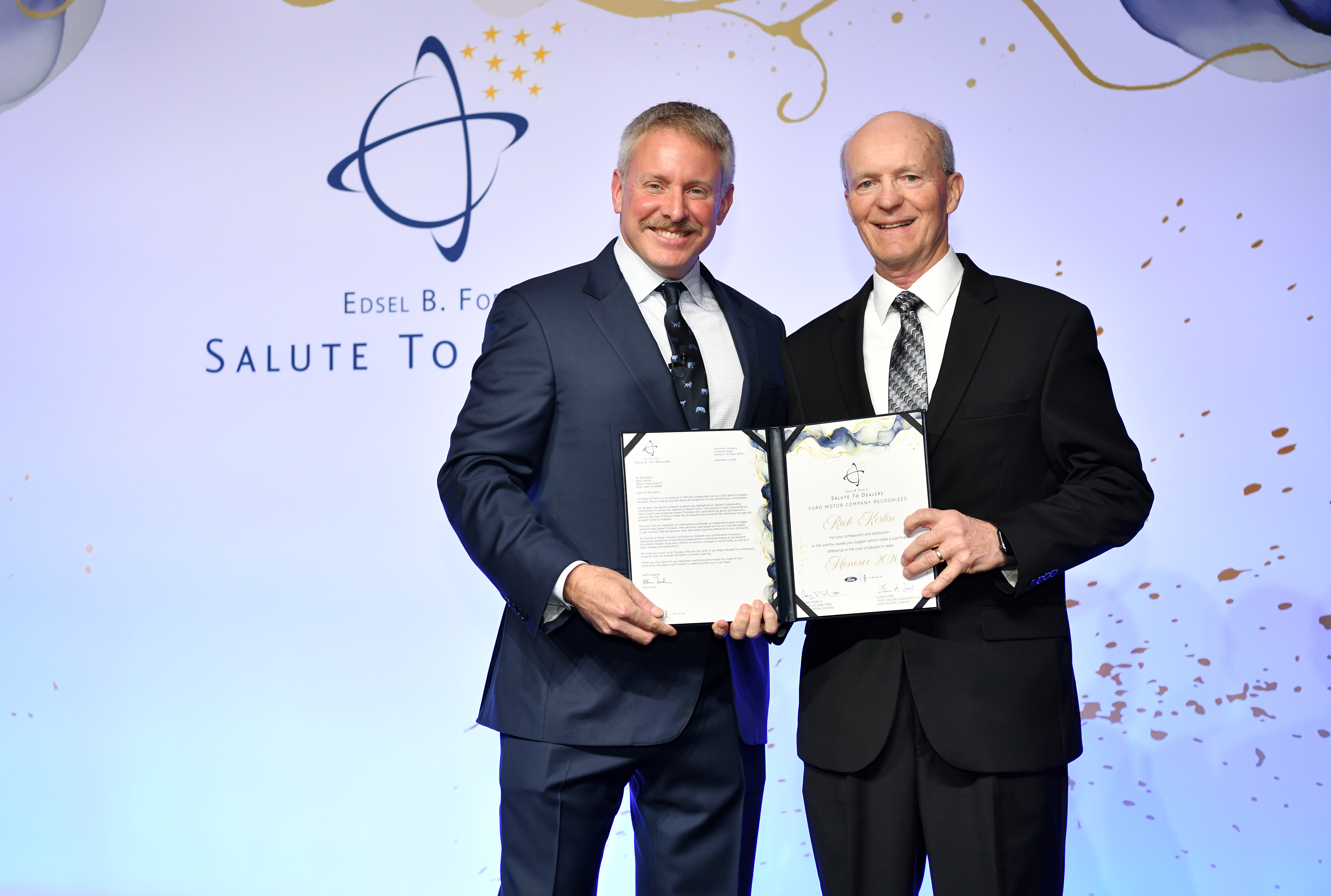 LAS VEGAS,  Feb. 3, 2026 - Henry Ford III recognized the Ford Motor Company 2026 Salute to Dealers honorees at a reception on Feb. 3 in Las Vegas. For the past 26 years, Salute to Dealers, has recognized Dealer Principals who have made an extraordinary commitment to helping their communities through their support of countless charitable and philanthropic causes. This year, eight dealers were honored.Pictured: Henry Ford III and Rick Kerlin.Photo by: Sam VarnHagen