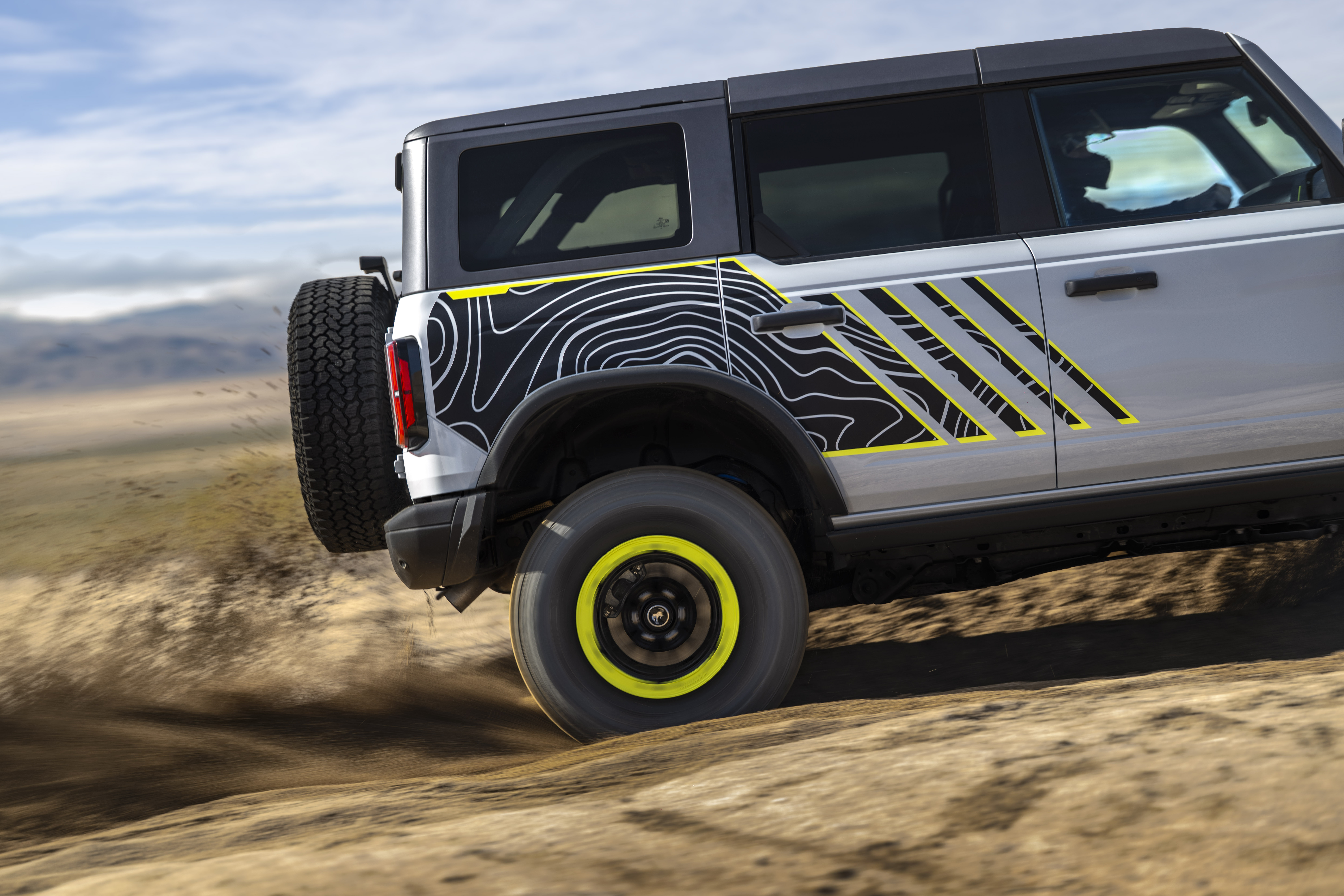 The back end of the Bronco RTR with lime green highlights on the wheel