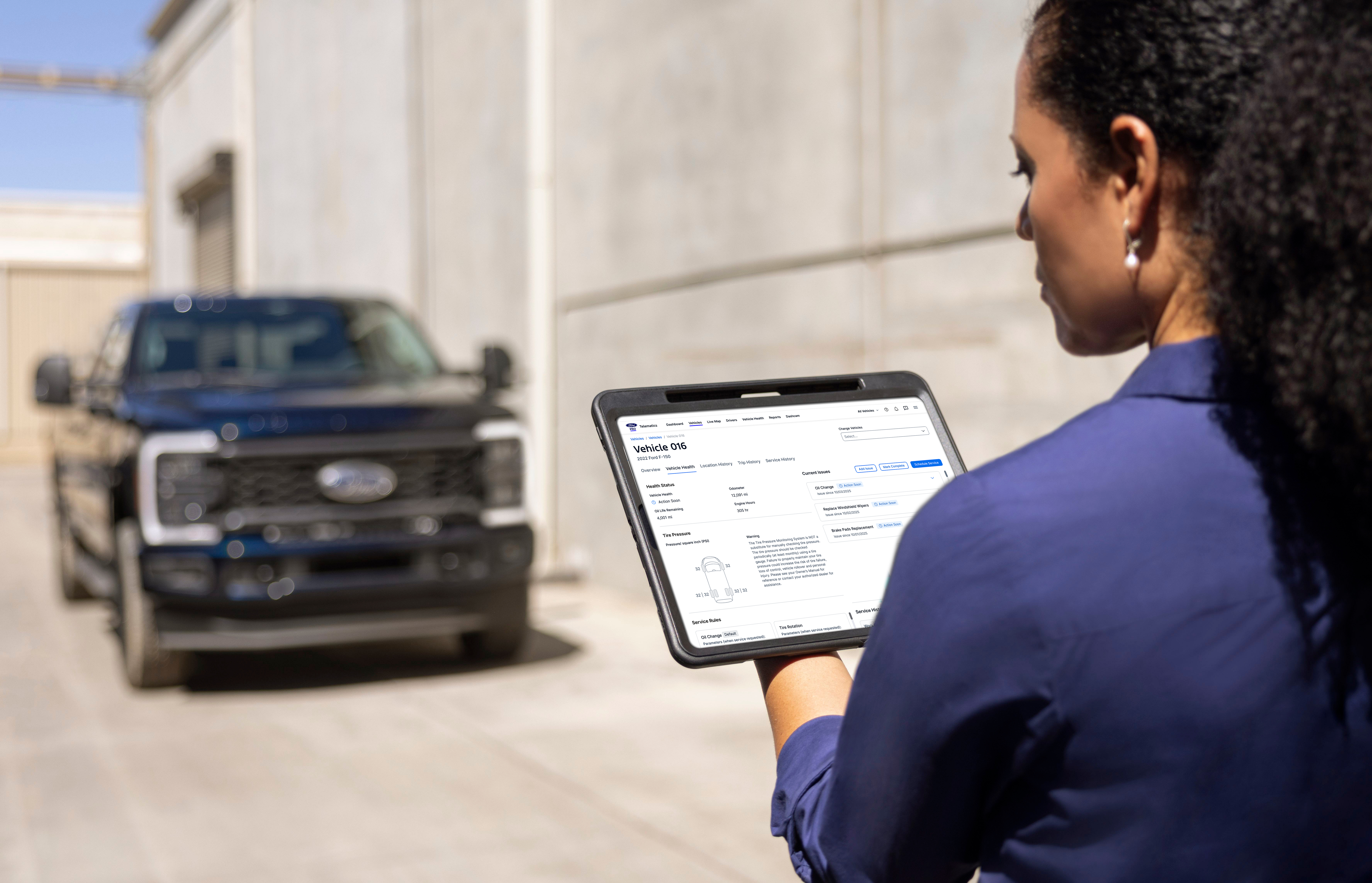 Ford Pro Telematics software shows vehicle health details.
