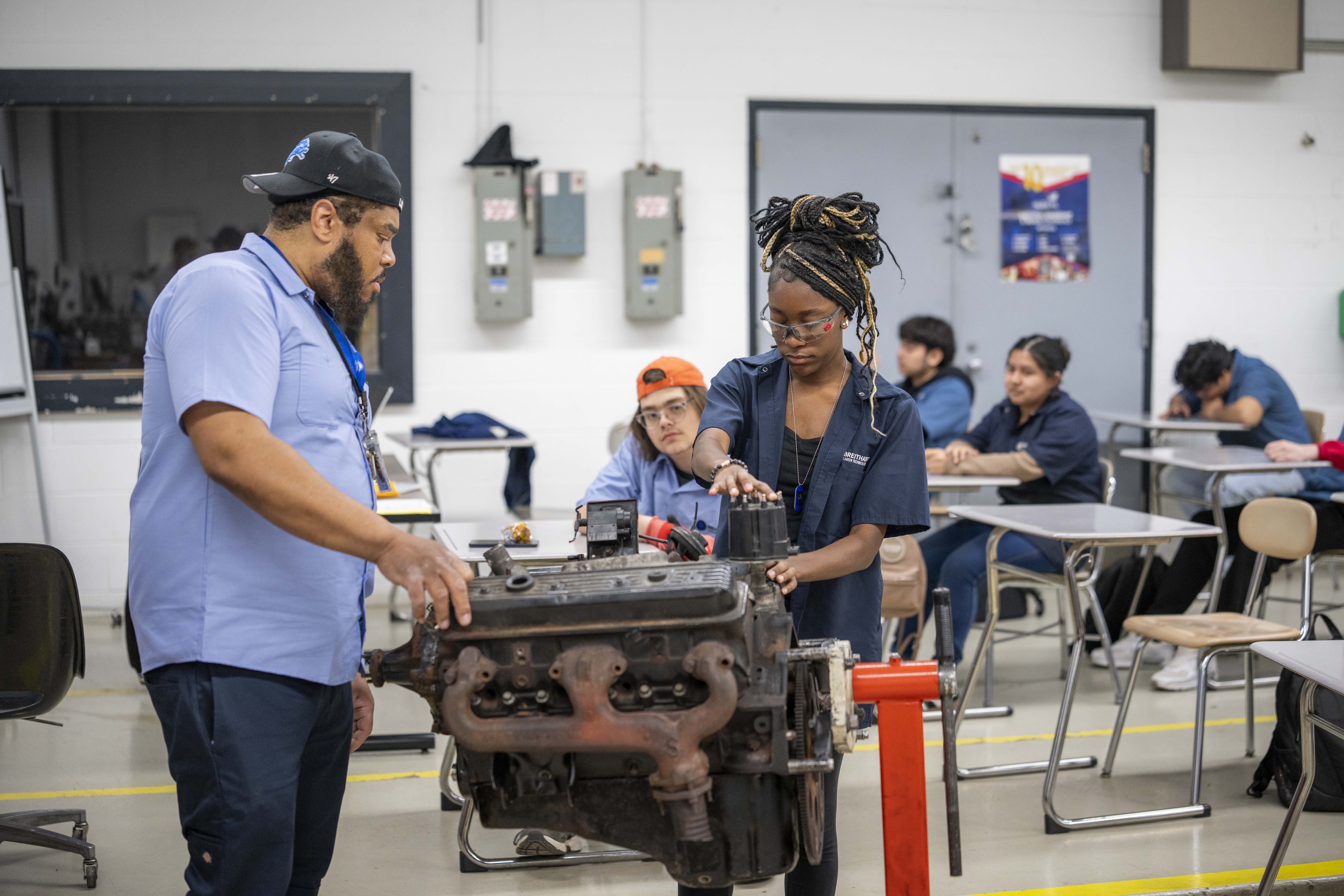 Dallis inspects under the hood of a car with her teacher at the Breithaupt Career Technical Center. After graduation, she plans to go into the trades as a career and has signed a pledge to do so, on May 6, 2026, in Detroit, Michigan.
Photos by Adam Schultz
adam.schultz@gmail.com
