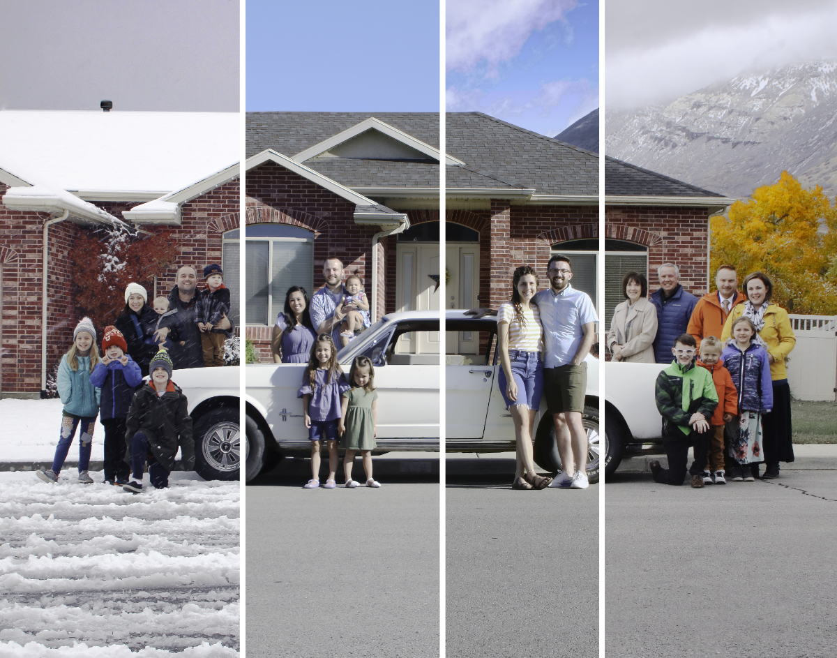 The family Mustang is at the center of each family photo from 1998 to 2025.